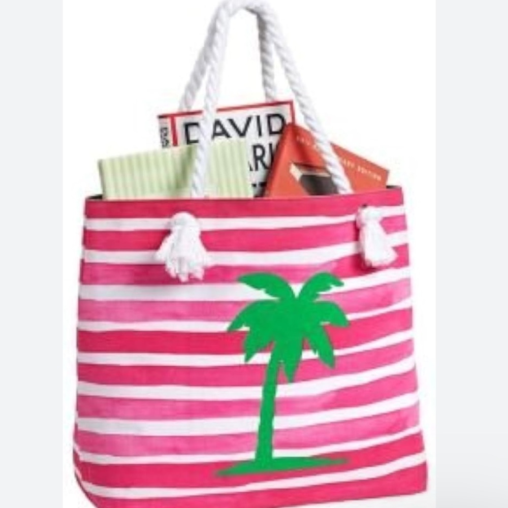 NWT Punctuate Barnes & Noble Summer Palm Tree Striped Beach Bag Tote